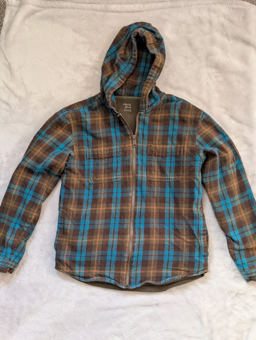 Boys Colorful Planet Plaid Hooded Fleece Lined Zip Jacket XL 14/16